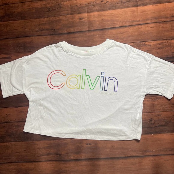 Calvin‎ Klein Performance Women's White Rainbow Logo Cropped Shirt Size S - Picture 2 of 6